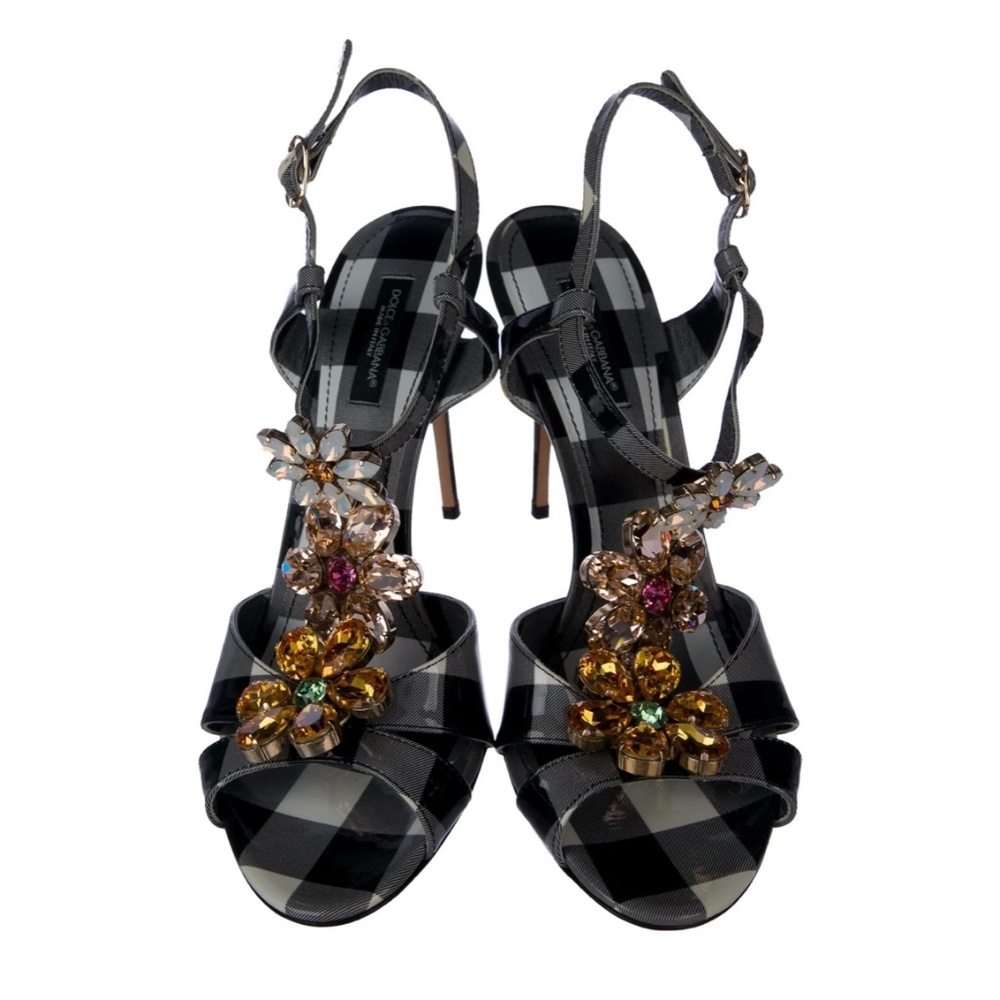 Dolce & Gabbana Patent Leather Plaid Print T-Strap Sandals
